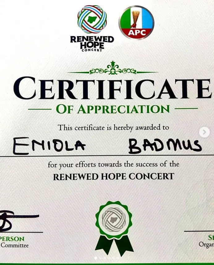 Eniola Badmus gets certificate of appreciation from Seyi Tinubu