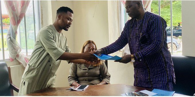 Rector of Delta State Polytechnic Otefe-Oghara, Prof. Emmanuel Ufuophu-Biri meets the Delta Social Media team led by Mr. Ossai Ovie Success at his office in Oghara.